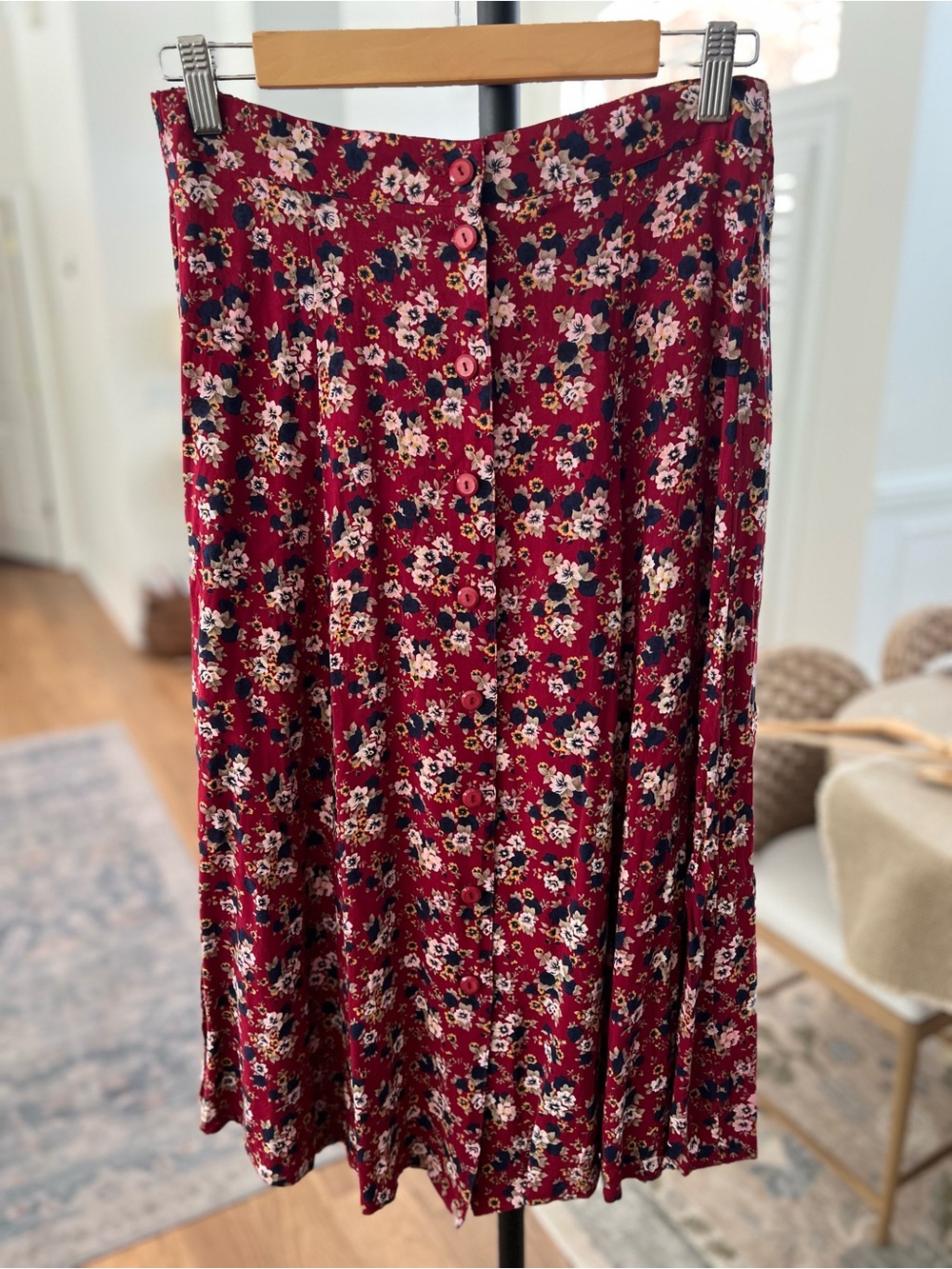 Sag Harbor Burgundy Floral Midi Skirt - Picture 2 of 8